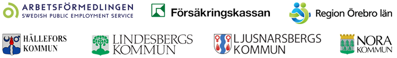 Bild med logotyper från de samverkande myndigheterna i SOFINT; Arbetsförmedlingen, Försäkringskassan, Region Örebro län, och kommunerna Hällefors, Lindesberg, Ljusnarsberg och Nora