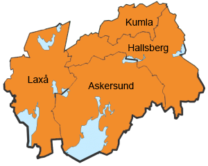 Karta över de fura kommunerna i Samordningsförbundet Sydnärke; Kumla, Hallsberg; Laxå och Askersund